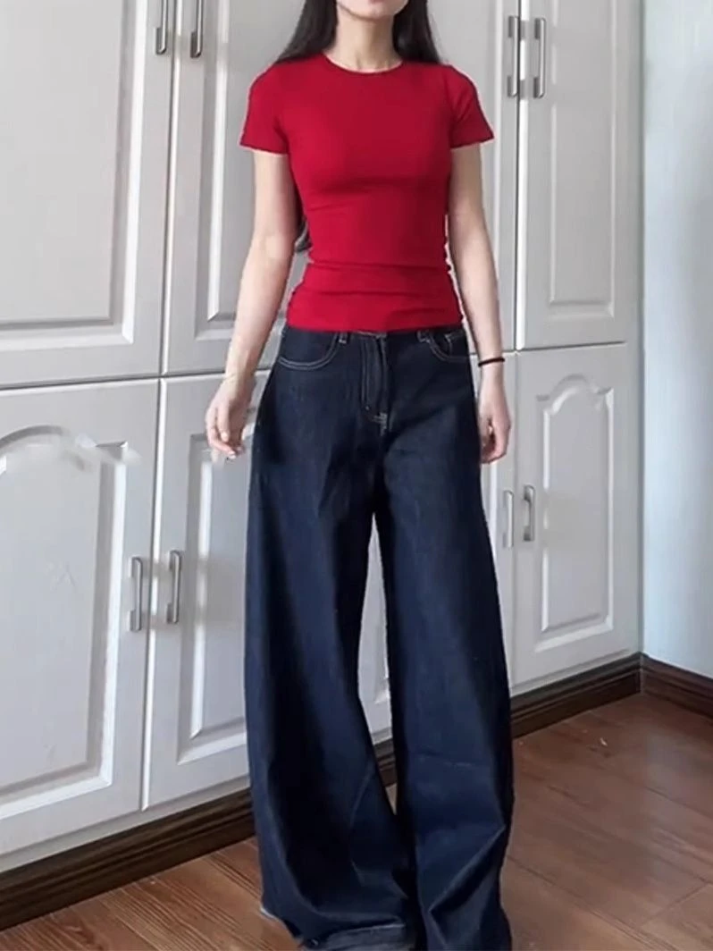 美式复古深蓝色阔腿牛仔裤女秋季2025新款休闲拖地长裤子时尚显瘦