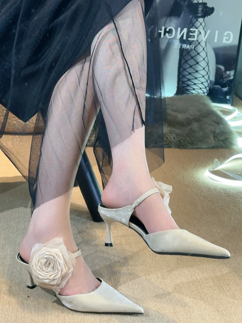 高跟花朵复古包头半拖鞋女鞋子2025新款外穿半托单鞋