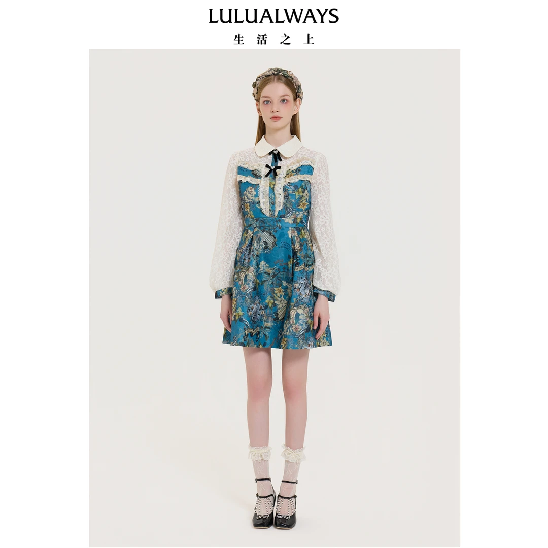 LULUALWAYS25春季新款提花优雅复古重工收腰显瘦轻奢连衣裙女