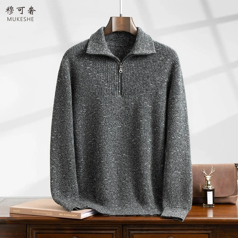 100%山羊绒翻领半拉链花纱针织衫男士休闲宽松加厚长袖套头打底衫