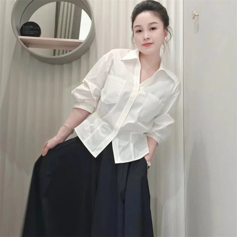 设计感纯色中袖衬衫2025夏季上衣减龄通勤收腰休闲小衫显瘦高端女