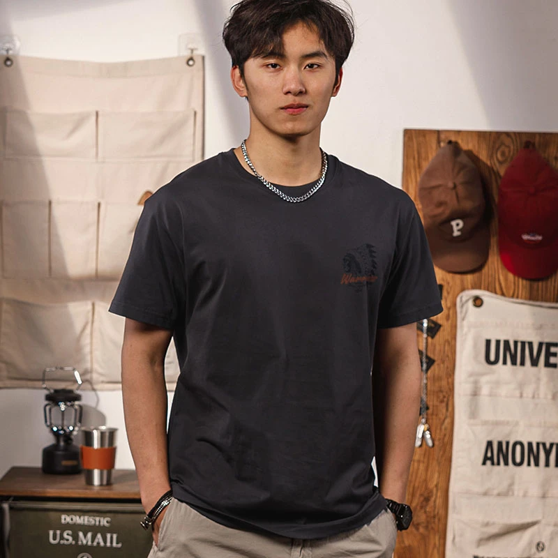 深灰色后背印花圆领正肩T恤男240g重磅纯棉夏季时尚美式复古短袖