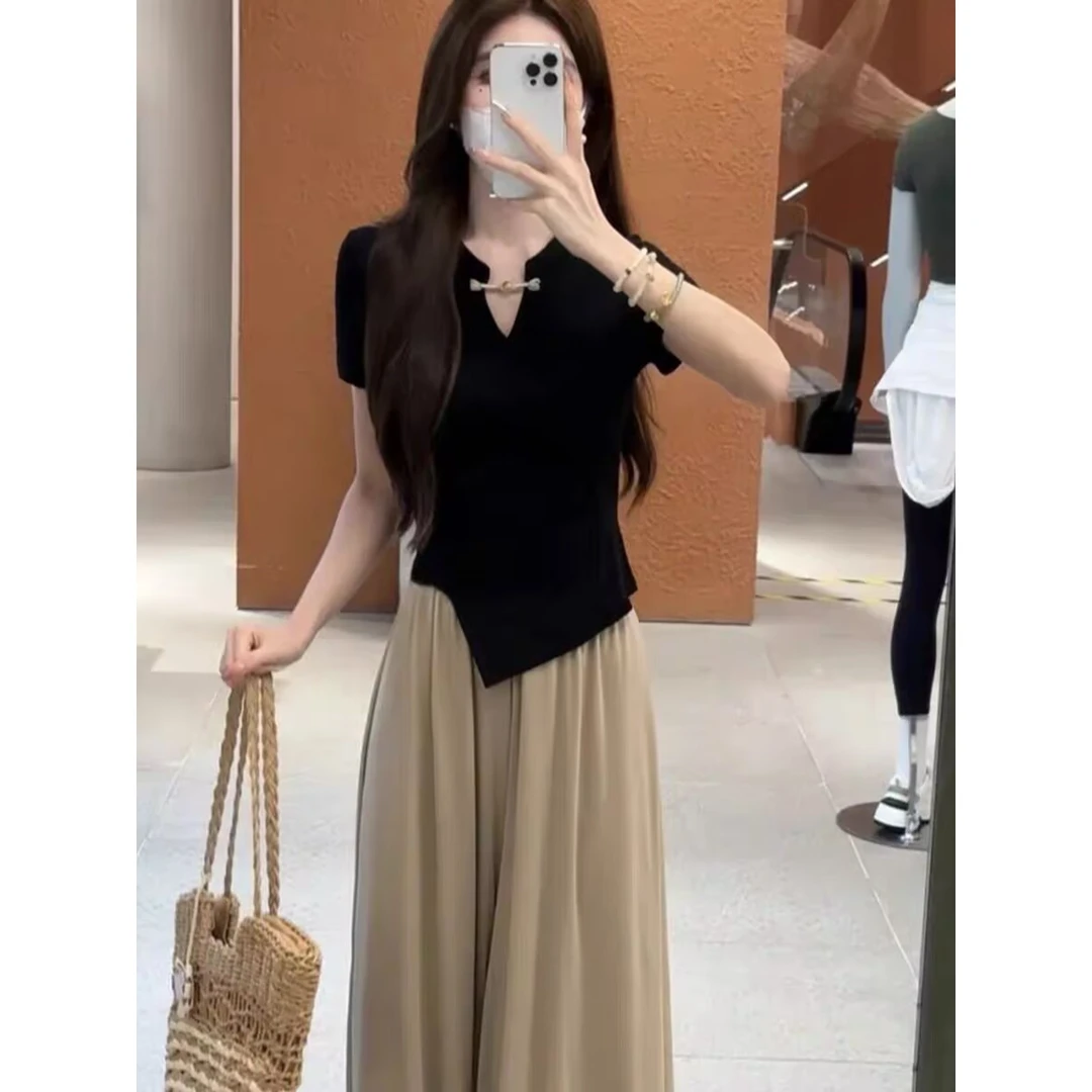 今年流行穿搭套装女夏不规则修身显瘦上衣高腰显瘦垂感裤裙两件套