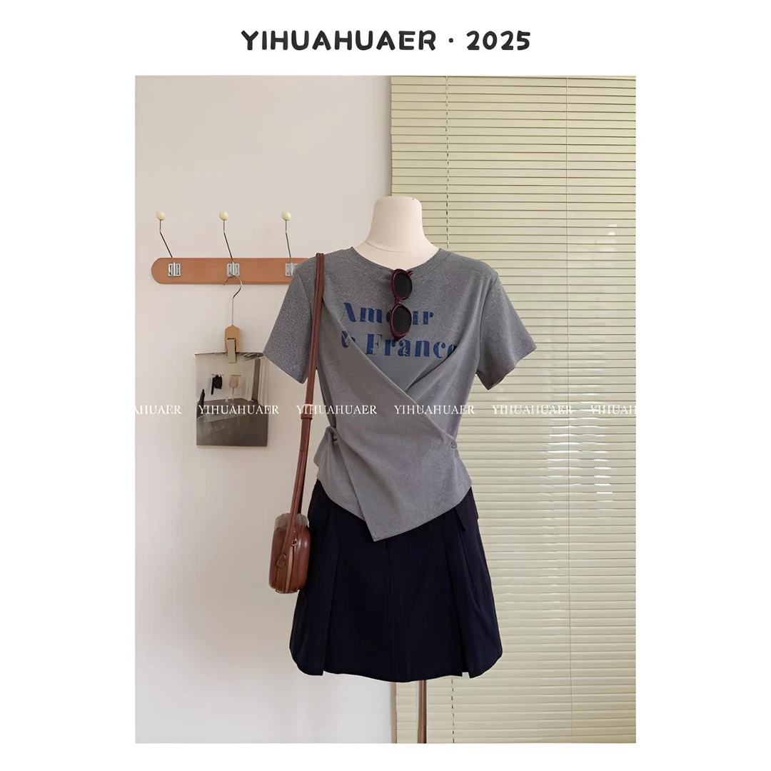 东大门韩系夏款时尚慵懒腰部交叉钮扣设计百搭休闲圆领T恤3138