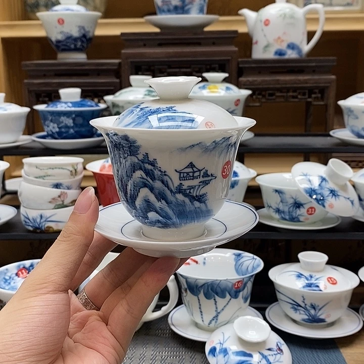 手绘山水160盖碗釉下彩高温瓷微瑕福利款