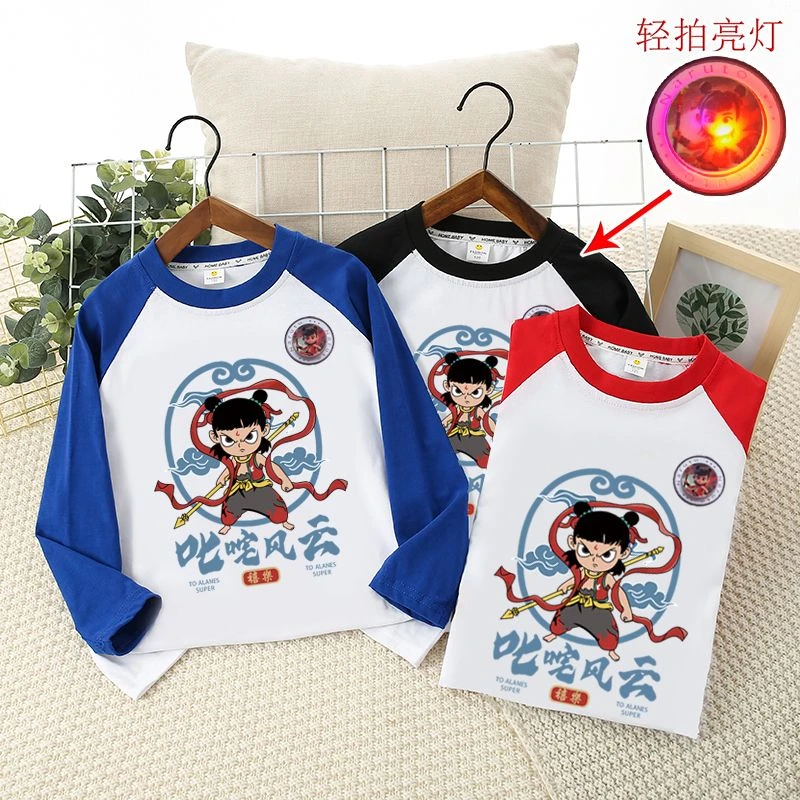 MUMUWU男女童春秋长袖纯棉T恤儿童卡通哪吒魔童闹海国潮亮灯上衣