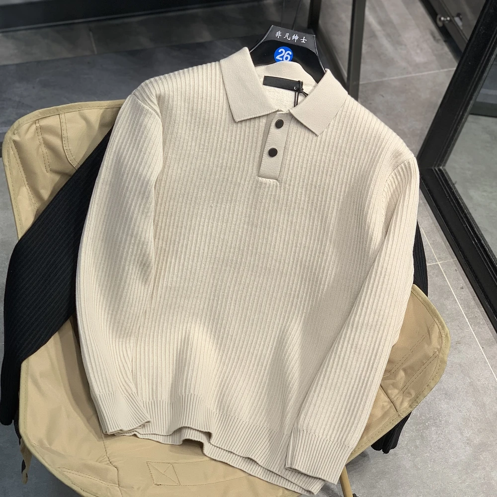 秋冬加绒厚款针织长袖常规纽扣高领毛衣针织衫翻领polo商务男士