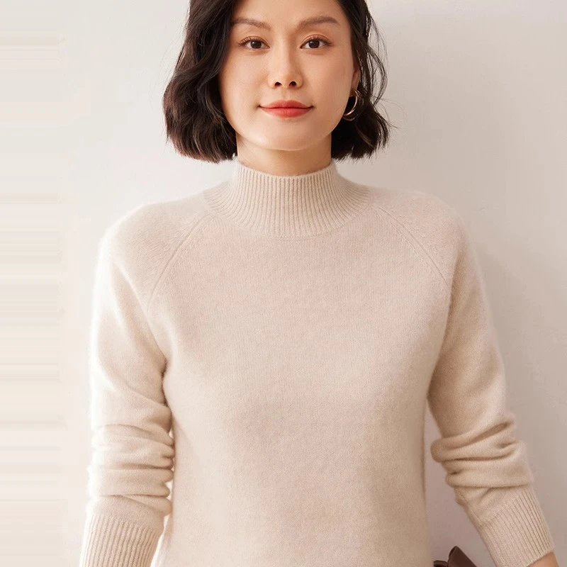 秋冬新款半高领羊绒衫女宽松双股加厚毛衣内搭大码针织打底衫纯色
