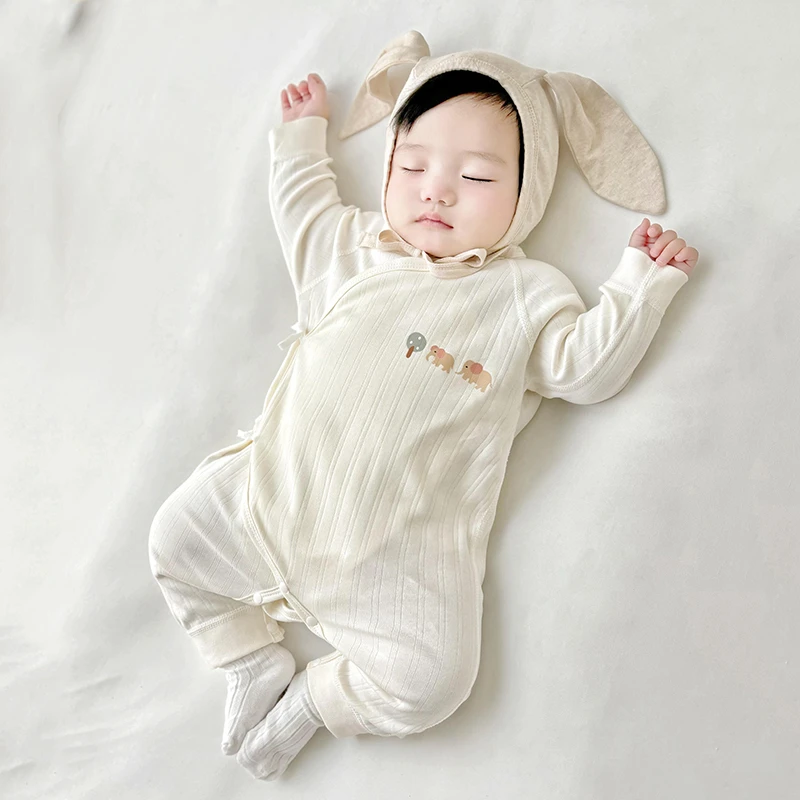 婴儿春秋连体衣纯棉长袖蝴蝶哈衣宝宝护肚四季款新生儿衣服和尚服