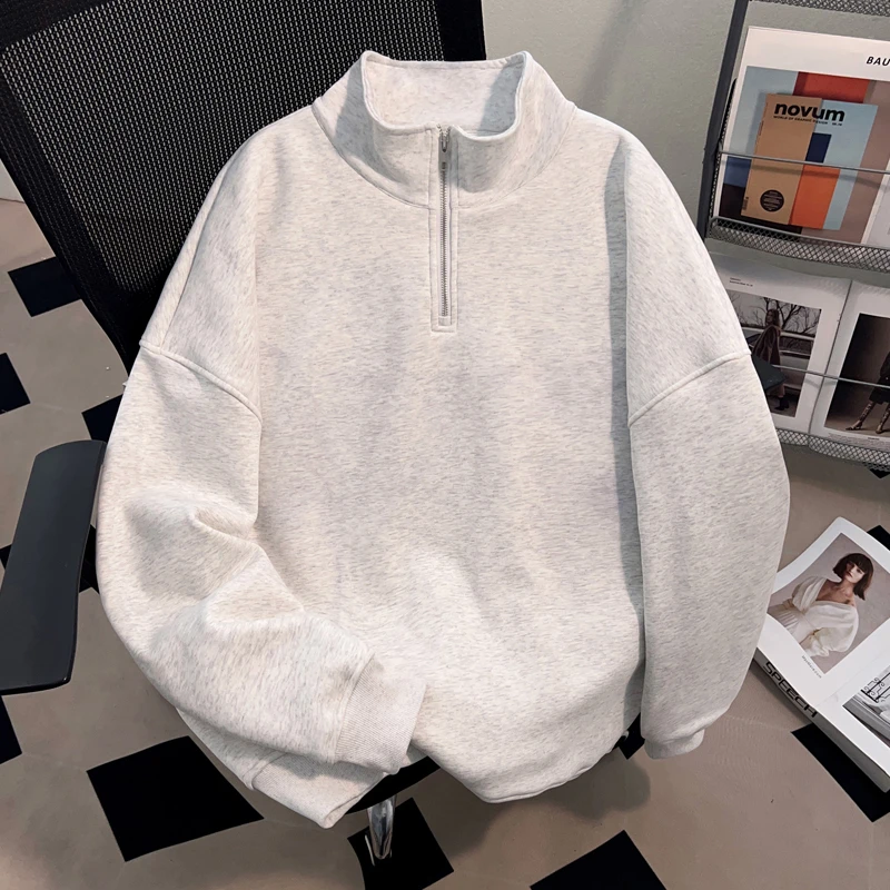 Dekkry新款潮流纯色半拉链秋冬立领卫衣男女款加绒加厚白灰色上衣