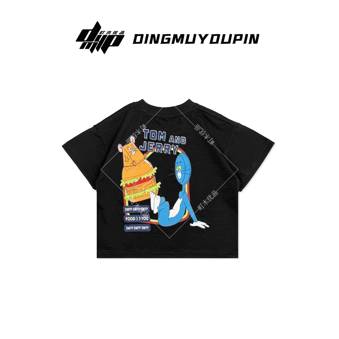 【町木优品】儿童夏季新款男童猫和老鼠印花宽松黑色圆领T恤 T88162