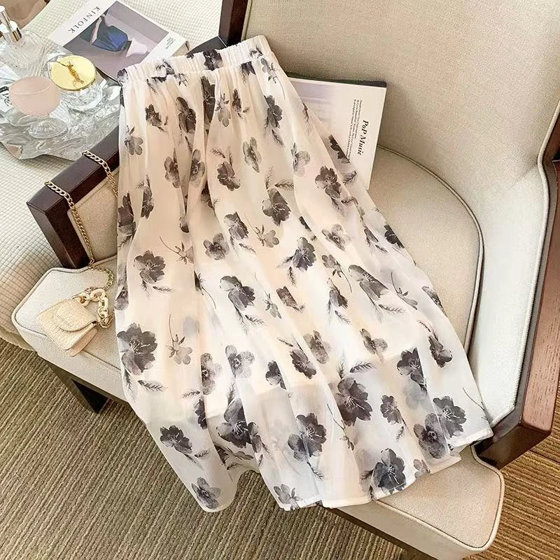 【八片拼接】雪纺温柔风水墨印花半身裙女夏季高腰显瘦长款a字裙