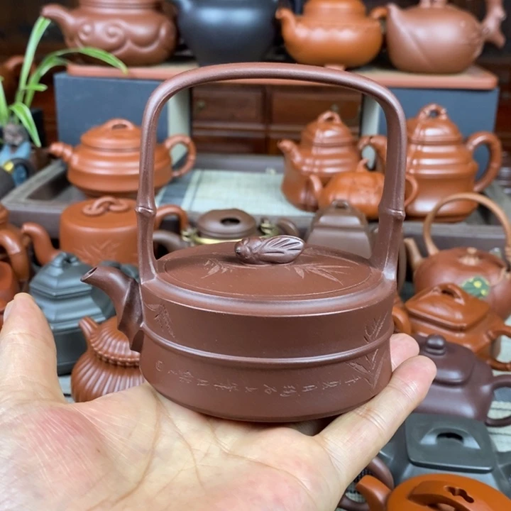 紫砂茶壶竹节提梁180cc原矿老紫泥特价