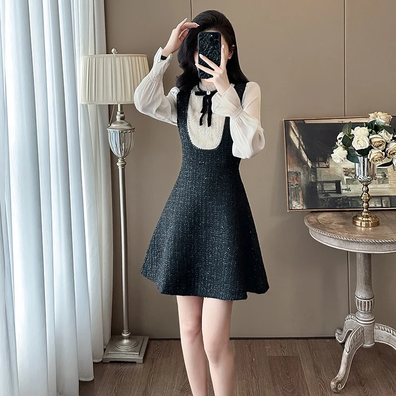 秋季法式富家千金假两件收腰裙子小个子学院风减龄小香风连衣裙