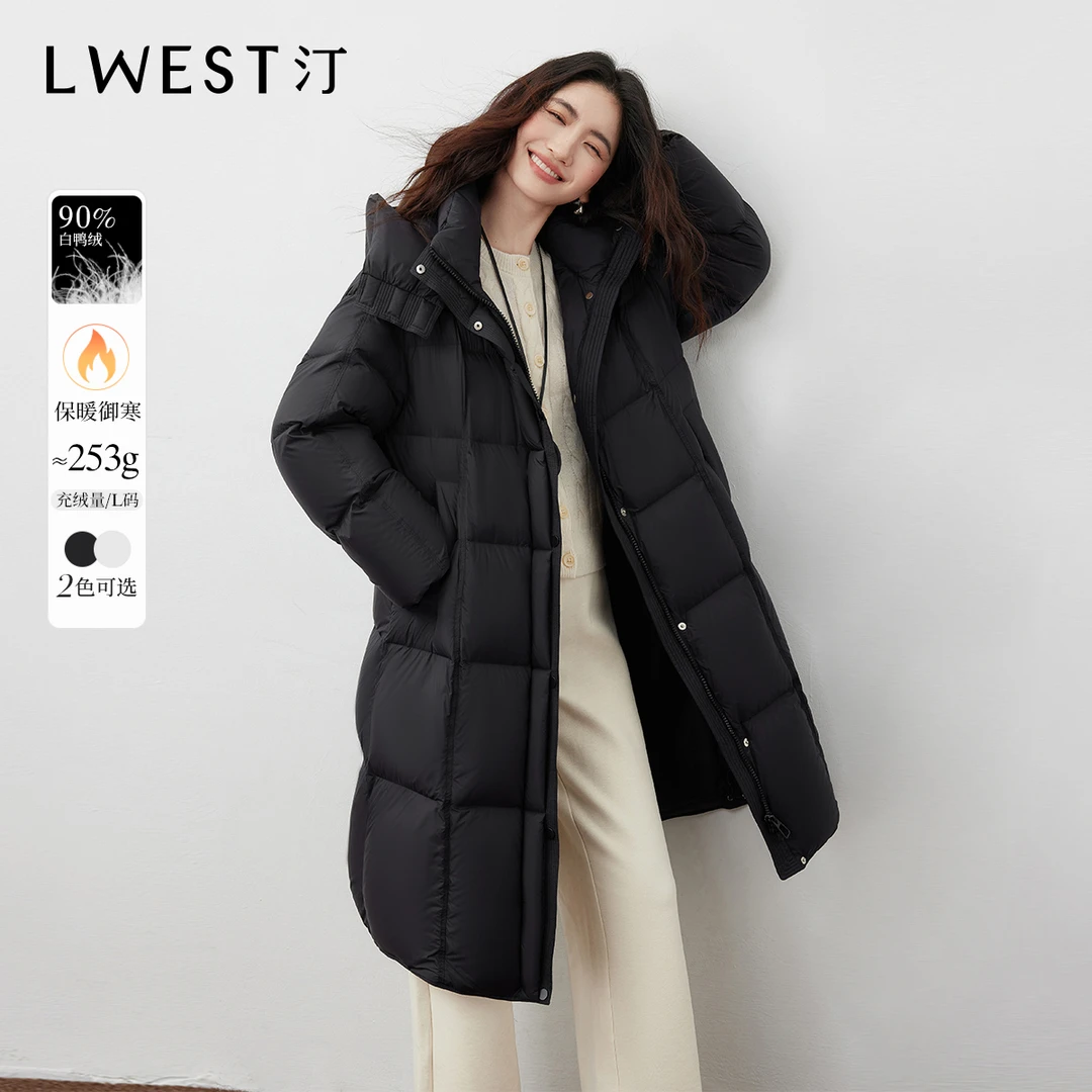 T朗文斯汀可脱卸带帽羽绒服2025冬新款时尚长款及膝外套