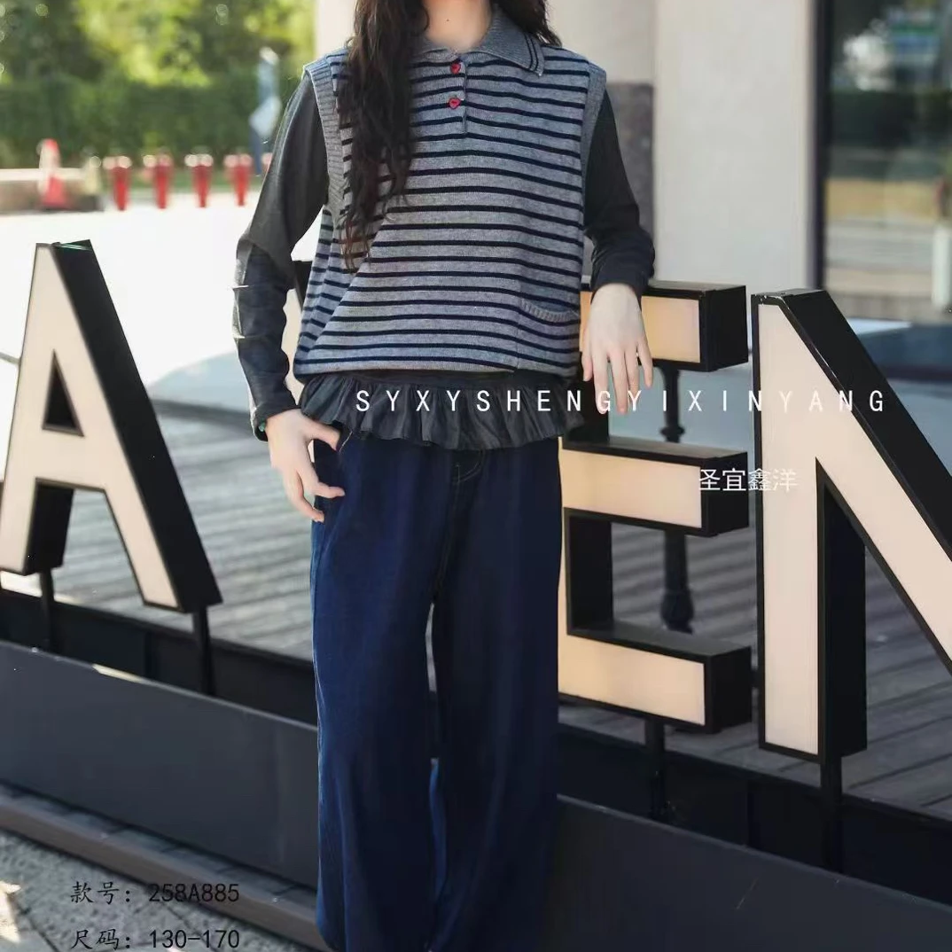 女童三件套套装马甲牛仔裤纯色秋季套装童装薄款女牛仔长裤少女条