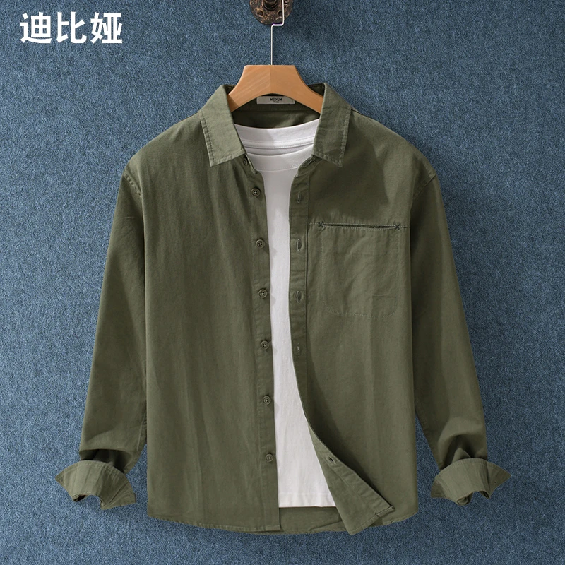 迪比娅日系简约工装长袖衬衫男春秋纯棉宽松休闲衬衣外套军绿色Y