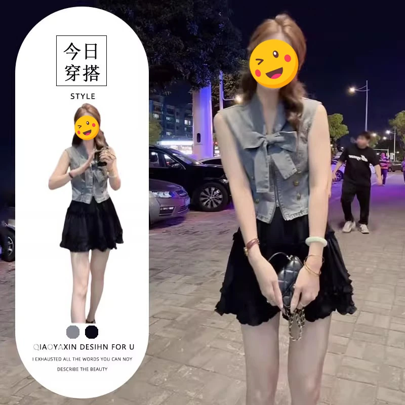夏季超火穿搭套装女设计感蝴蝶结牛仔短袖上衣女半身裙两件套套装
