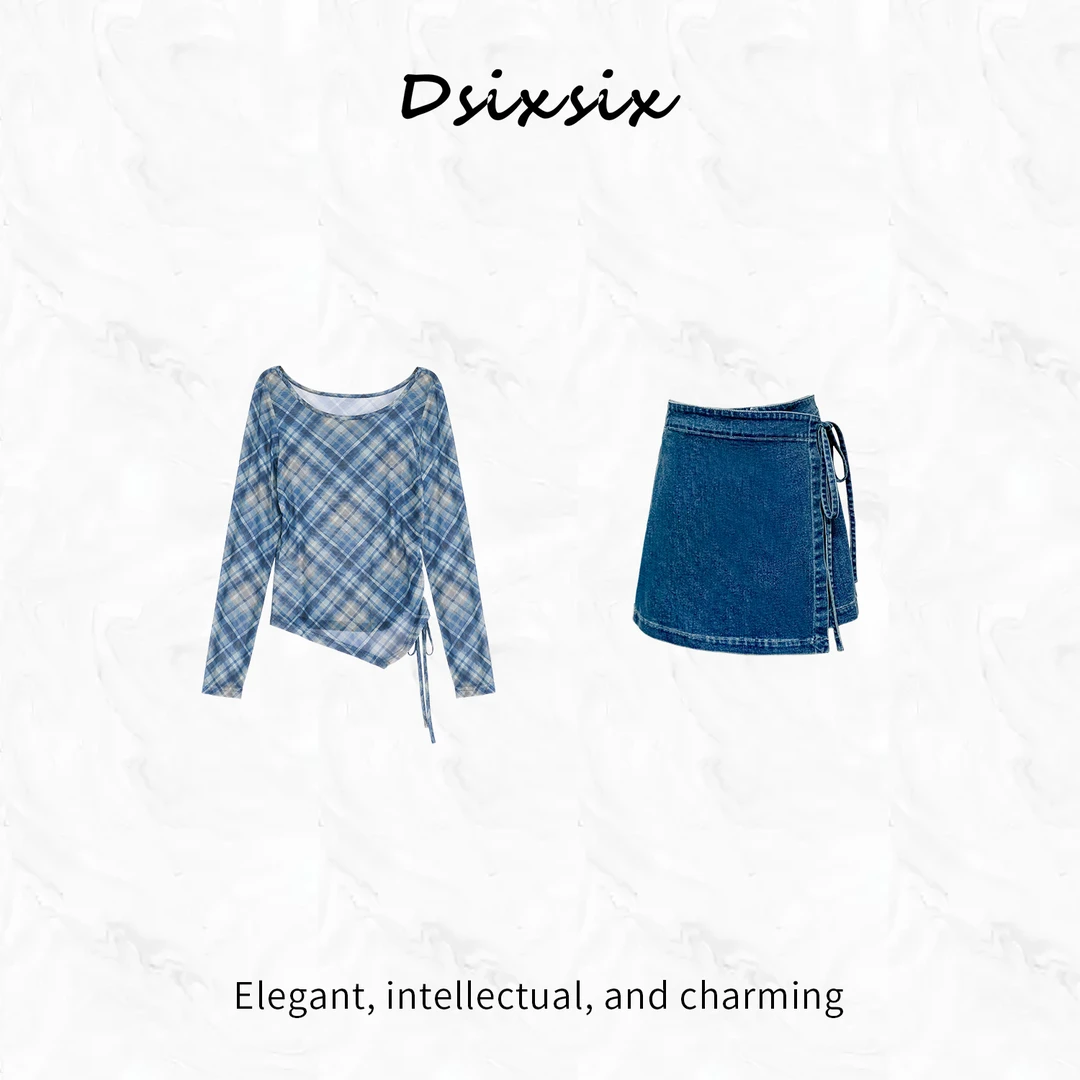 Yeah Me/也觅【蓝格丹韵】夏季新款时尚格纹设计感显瘦牛仔短裙套装