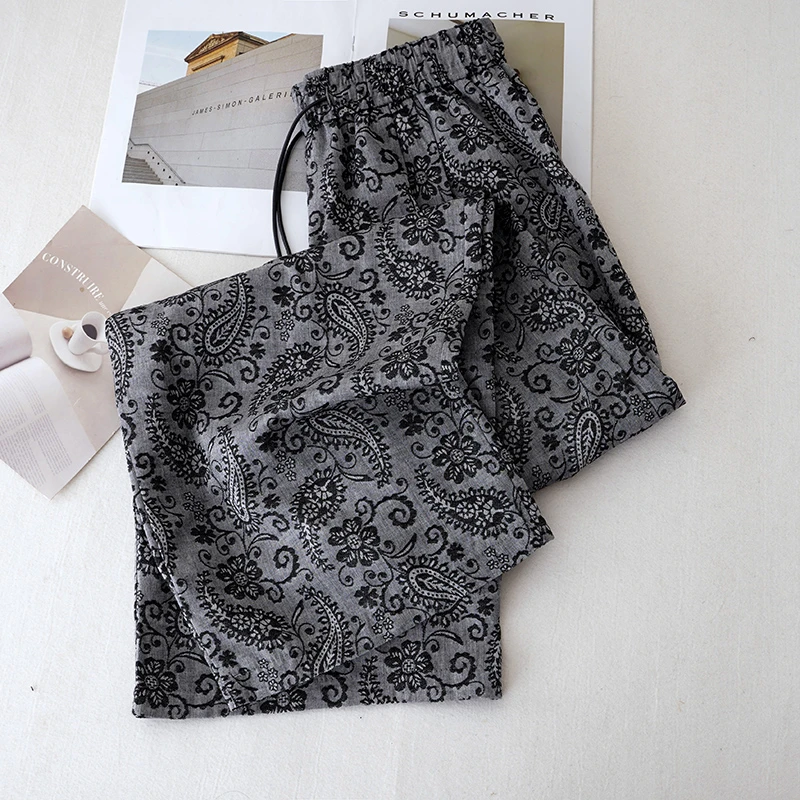 拉夏贝尔2025高腰国风提花直筒休闲裤女新中式慵懒风阔腿裤长裤子