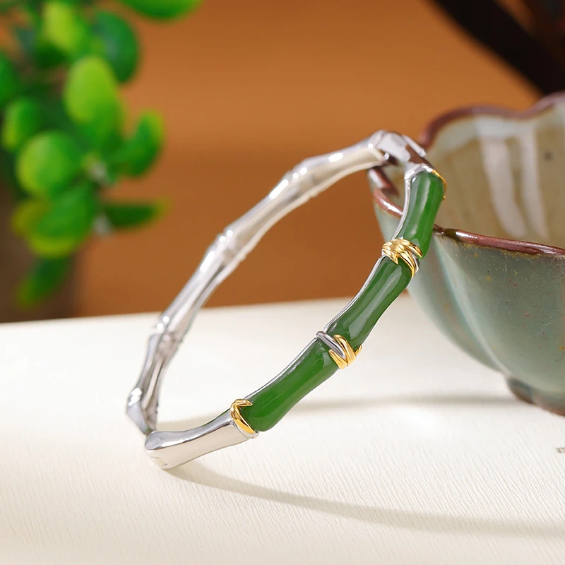 S925通体银和田玉碧玉复古国风竹节竹叶手镯分色手环003cw