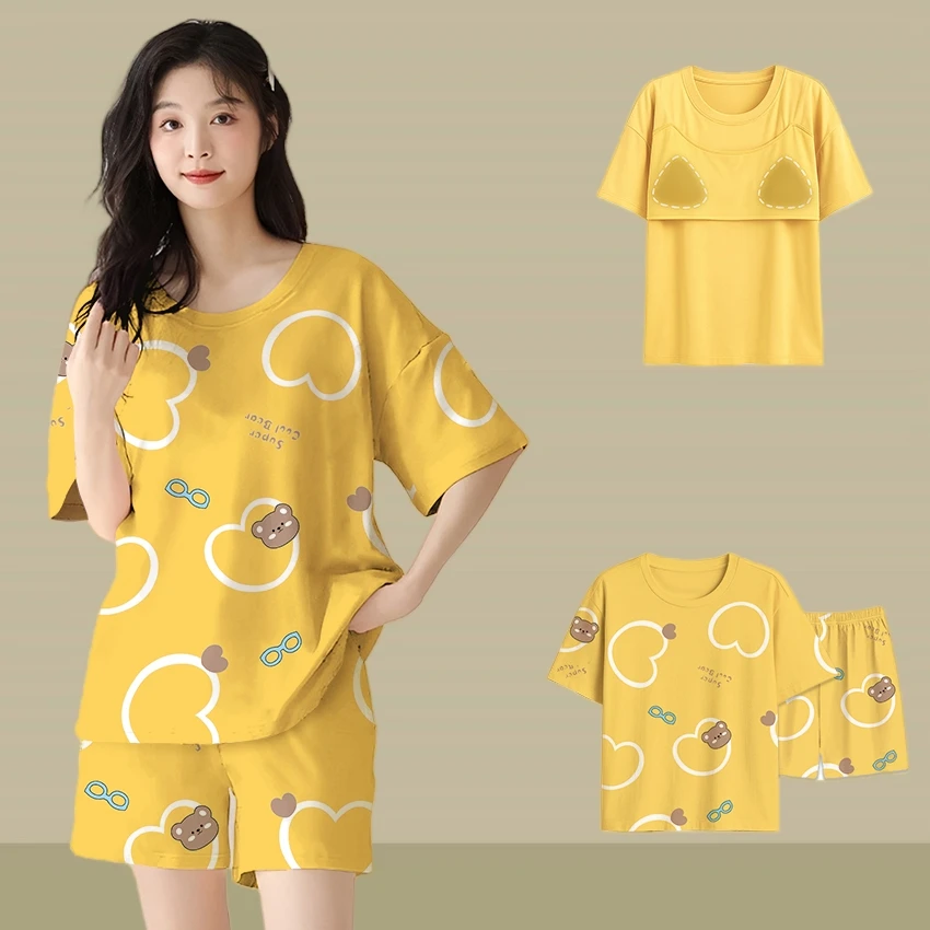 春夏季短袖新款睡衣女网红风2025年新款套头甜美带胸垫家居服套装