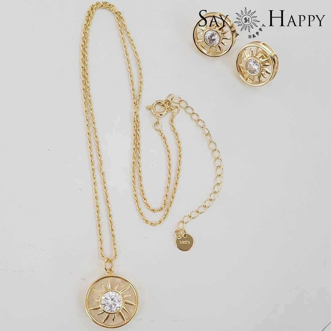 合金锆石耳饰 小太阳项链耳钉套装