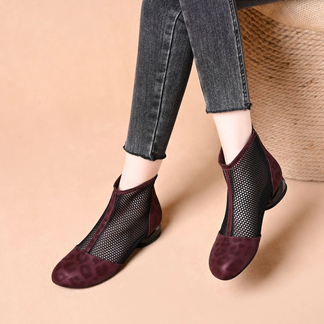 豹纹罗马凉鞋女圆头粗跟网靴镂空网面低跟包头拉链薄款透气女凉靴