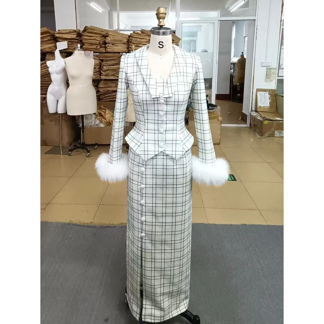 原创自制【金妮】小香风格纹小众法式港风复古秋季长袖包臀裙套装