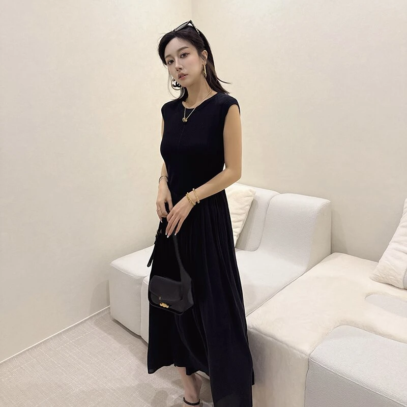 法式气质显瘦减龄大摆高腰百褶女装连衣裙小黑裙15313