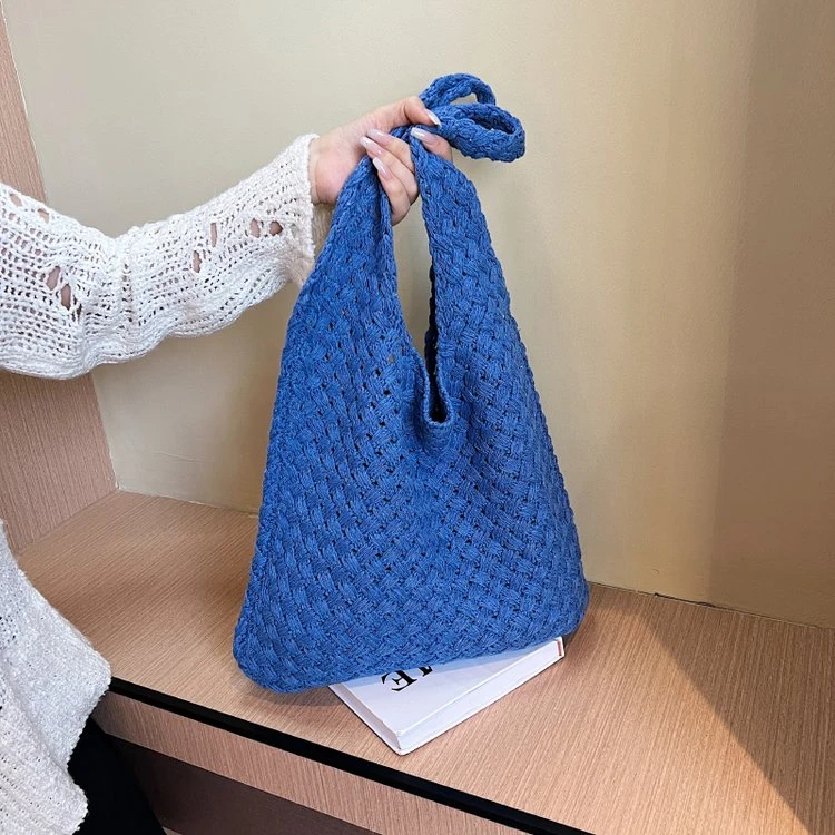 针织单肩包女韩版简约文艺百搭托特包大容量复古纯色手提包购物袋