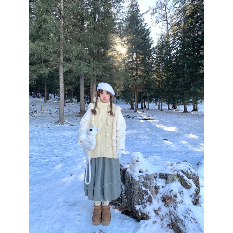 霍里德地图 90白鸭绒立领羽绒服女冬季拼接毛绒星星扣子外套女