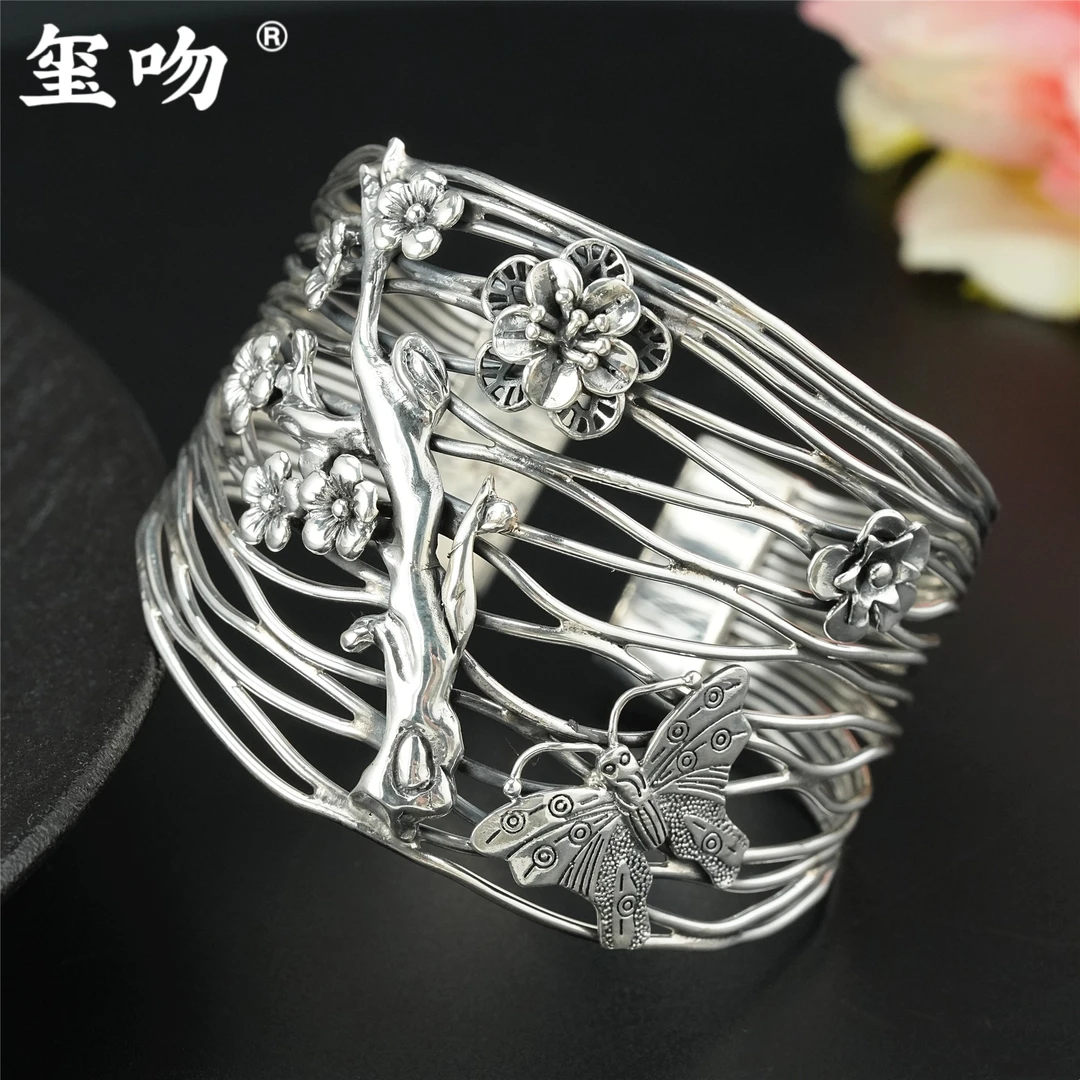 足银手镯 【玺吻】足银 纯手工缠丝足银蝶恋花手镯