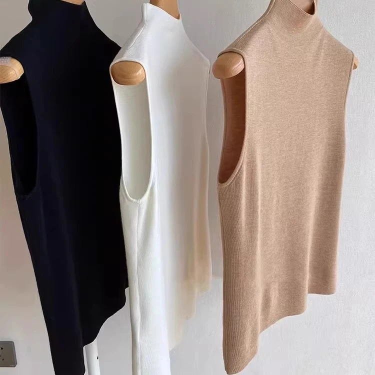 美丽诺韩系半高领中领针织无袖背心女气质简约西装内搭吊带打底衫