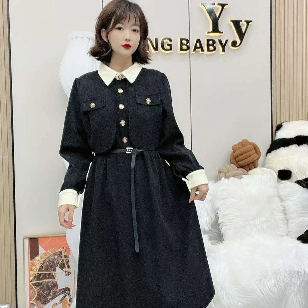 YY大码(日记本)胖mm新款赫本风法式黑色显瘦连衣裙秋冬