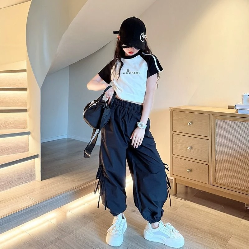 潮款新款儿童洋气韩版工装裤中大童短款两件套小清新潮流套装夏装