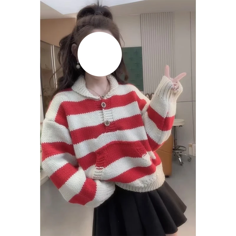韩版时尚撞色条纹针织毛衣2025秋冬新款胖MM复古时尚百搭大码上衣
