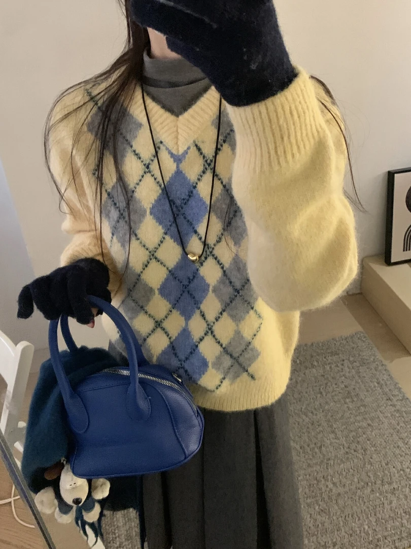 拼色常规V领毛针织衫针织衫菱形格网红格纹菱格套头高领圆领