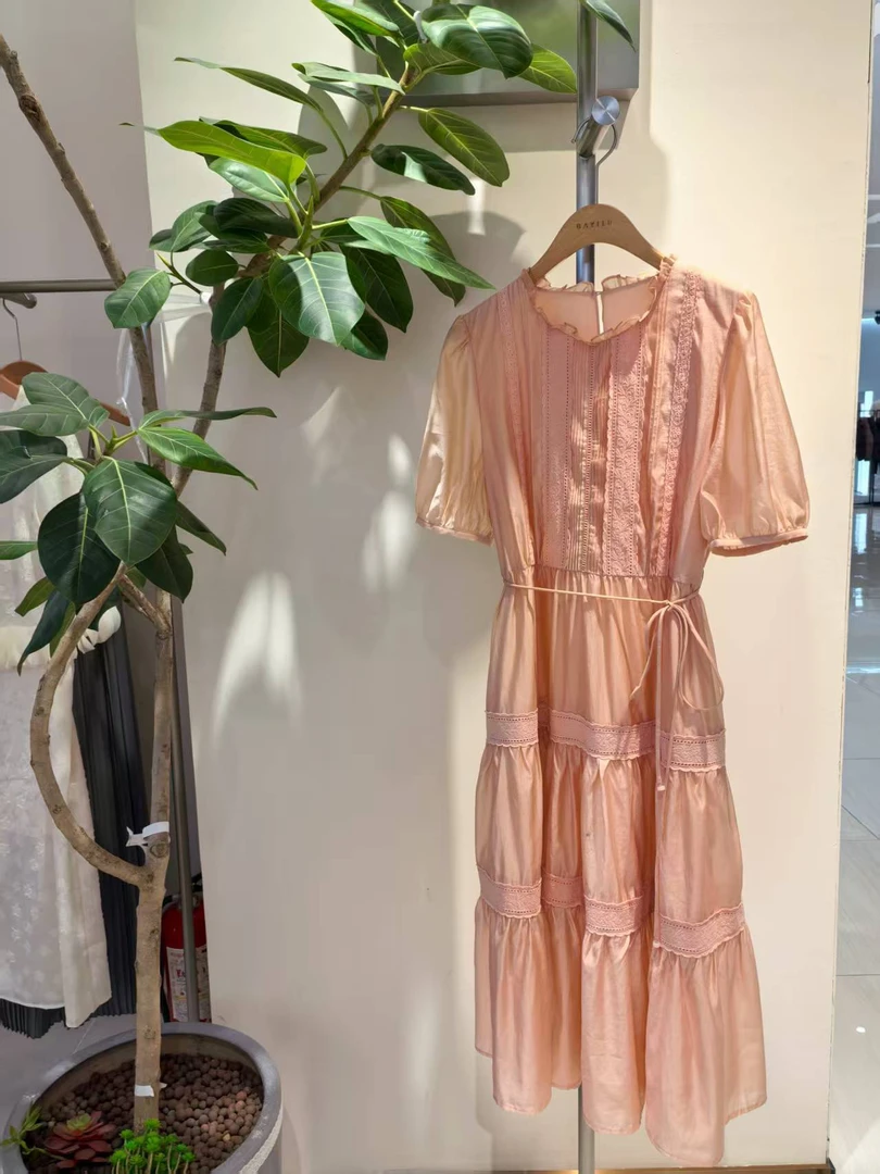 95L7610夏季新款高级气质粉色短袖女士连衣裙