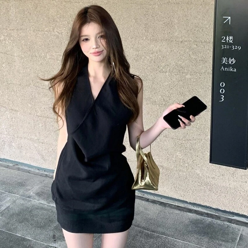 法式黑色荡领背心套装女夏季新款通勤气质收腰显瘦包臀短裙两件套