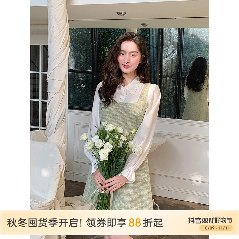 代大喜【小青芒】泡泡袖浅绿色气质优雅减龄小香风连衣裙25春季新款