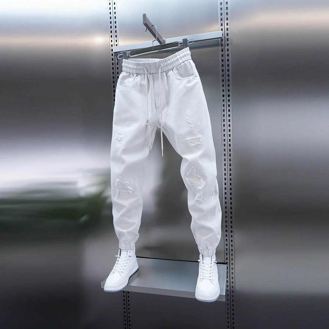 2025早秋新款男士休闲裤纯色破洞束脚松紧腰小脚裤潮流春秋长裤