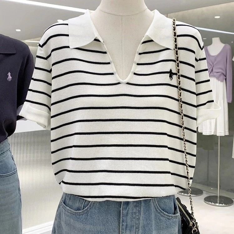 简约撞色小V领修身宽松短袖条纹夏季爆款冰丝针织衫气质百搭上衣