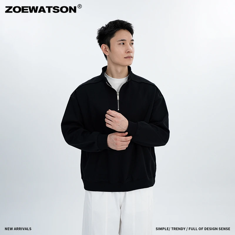 【ZOEWATSON】立领卫衣半拉链纯色百搭上衣慵懒风正肩长袖男Z5121