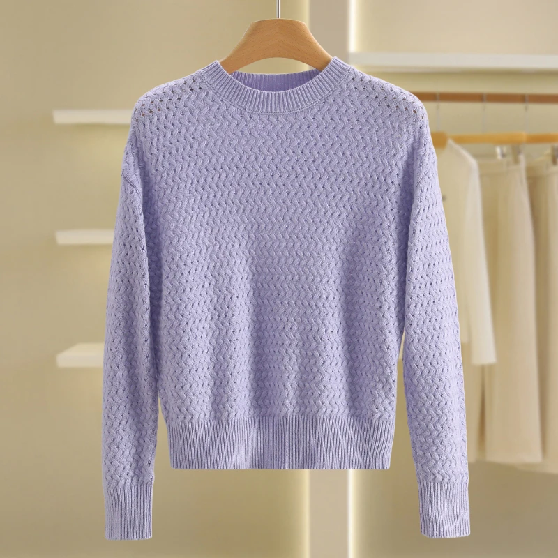 【伍莎-自营】纯色镂空圆领百搭毛衣#QMN48M019