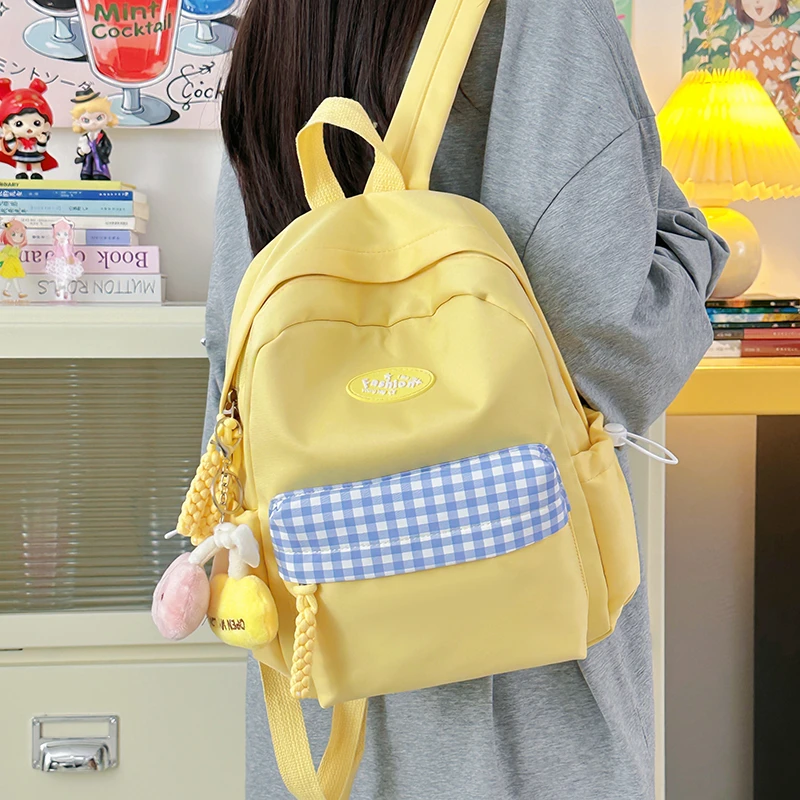 日系格子书包小清新多巴胺轻便时尚撞色旅游研学校园轻便双肩背包