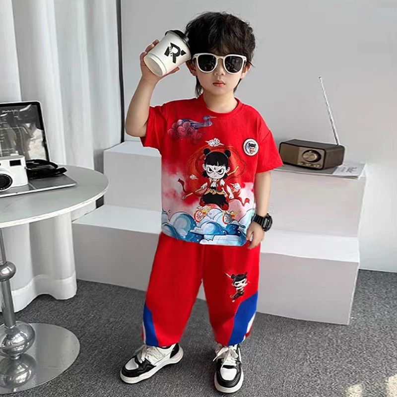 夏季套装2025新款帅气男童夏装哪吒衣服儿童宝宝短袖两件套速干潮
