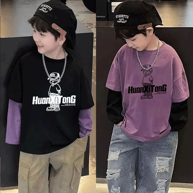 2025新款儿童纯棉长袖上衣中大童春秋款洋气上衣宝宝拼色T恤长袖t