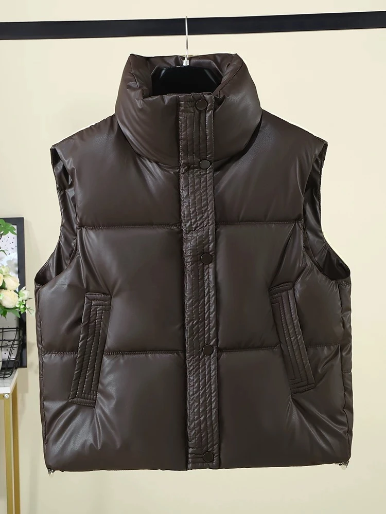新款免洗pu皮秋冬时尚棉服马甲女外穿洋气无袖坎肩外套小个子