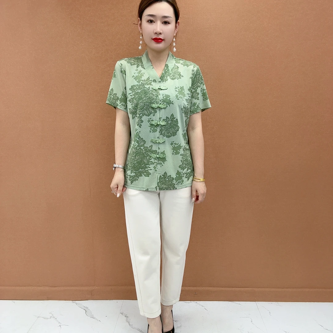 2025夏季新款复古盘扣中式短袖减龄打底衫妈妈装显瘦T恤百搭上衣